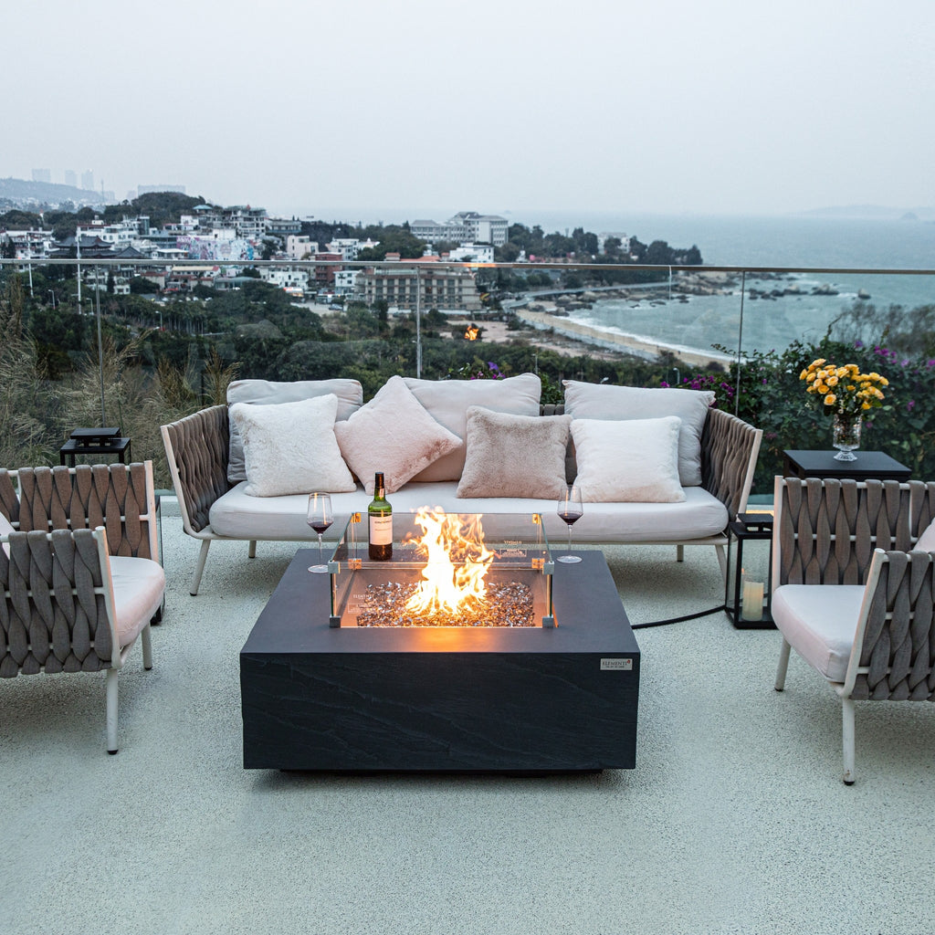Elementi Plus Roraima Fire Table - Luxury Evening Patio Lifestyle with Flames