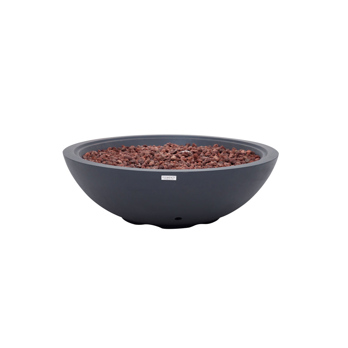 Elementi Plus Rose Bowl Round Fire Pit - Dark Gray - Studio Angle View with Red Lava Rock