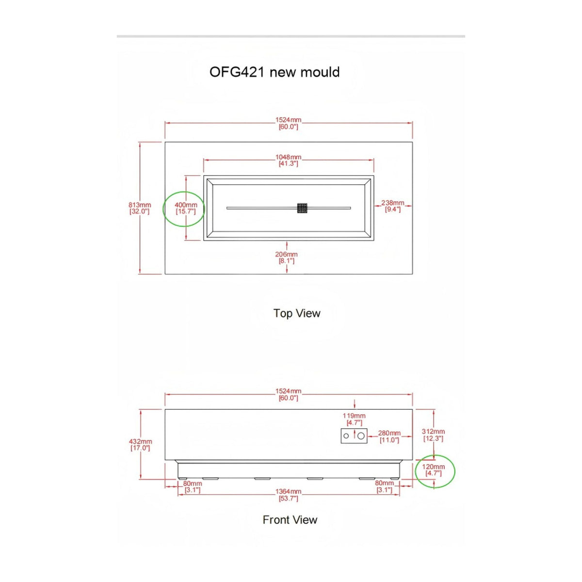 Elementi Plus Sarasota Fire Table - Technical Dimensions 60x32x17 Inch Top View and Front View Diagram