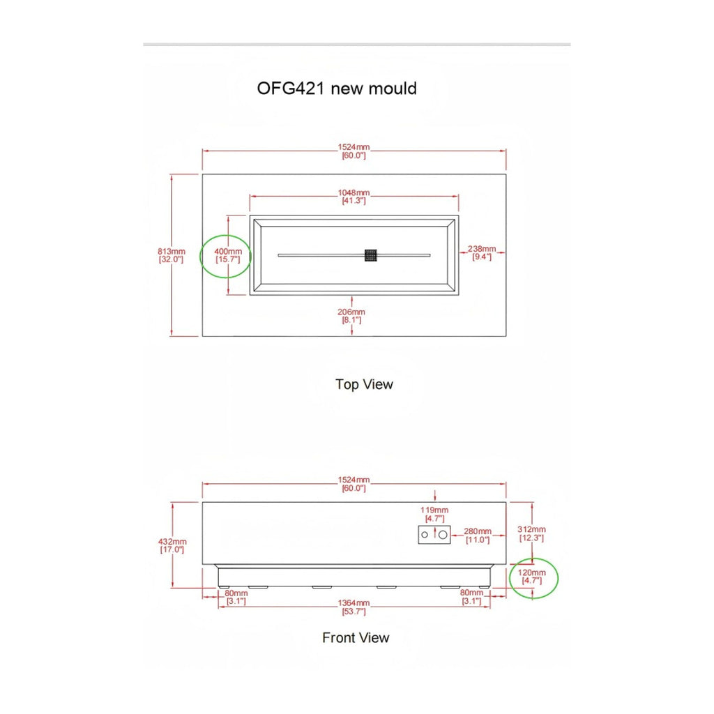 Elementi Plus Sarasota Fire Table - Technical Dimensions 60x32x17 Inch Top View and Front View Diagram