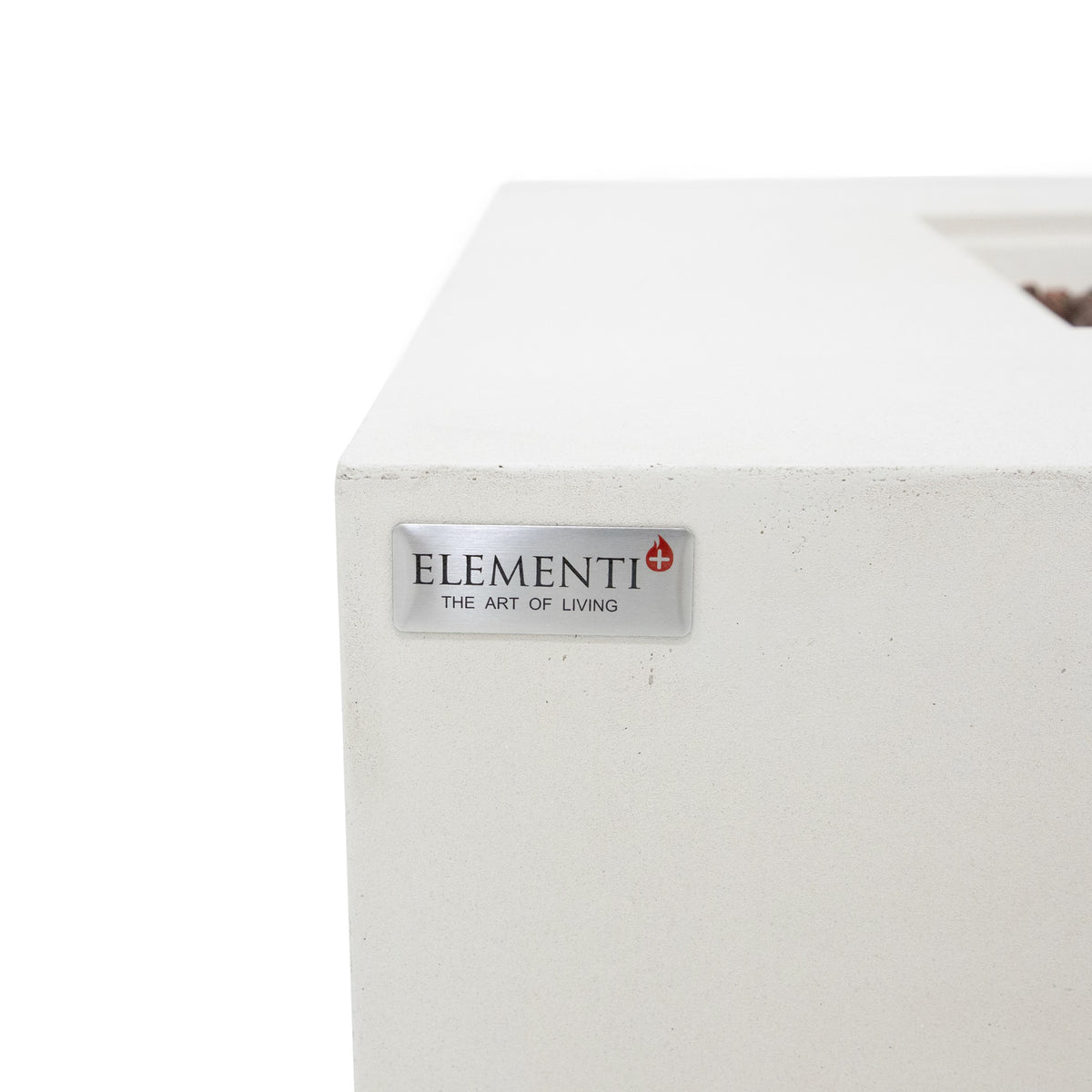 Elementi Plus Sarasota Fire Table - Frosted Cream White Texture and Stainless Steel Art of Living Badge Detail