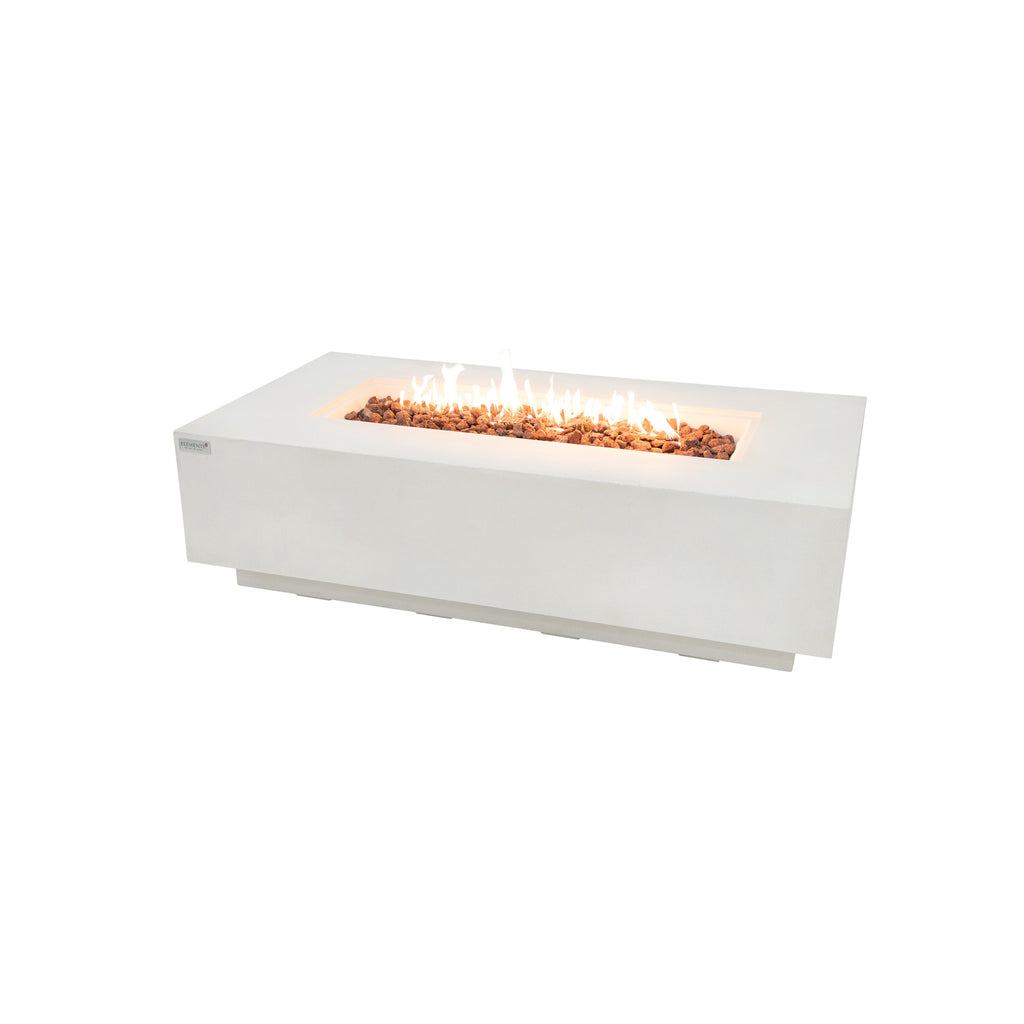 Elementi Plus Sarasota Fire Table - Frosted Cream White GFRC Concrete Rectangle - Hero View with Active Linear Flame