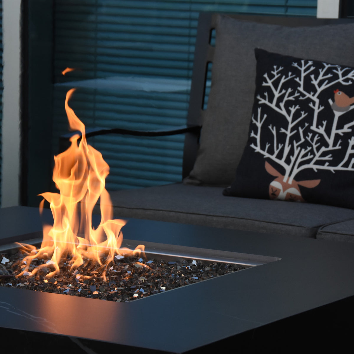 Elementi Plus Sofia Fire Table - Ambient Linear Flames on Black Marble Porcelain Surface