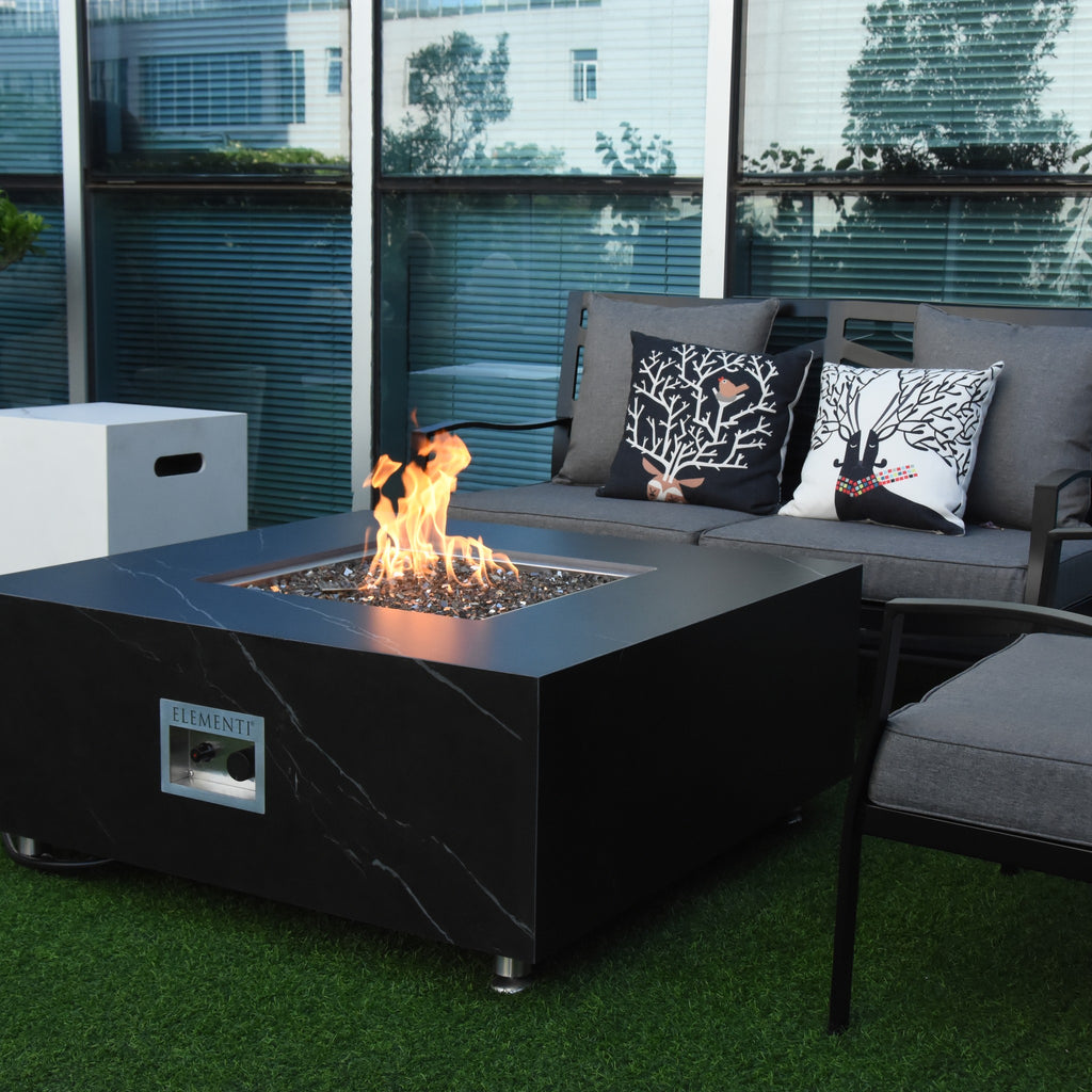 Elementi Plus Sofia Fire Table - Modern Covered Patio Lounge Setting with Burning Fire