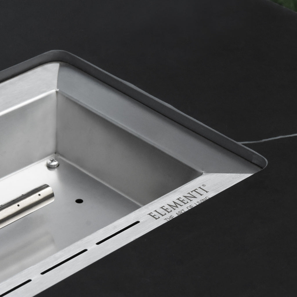 Elementi Plus Varna Fire Table - Stainless Steel Burner Pan and Black Porcelain Marble Veining Detail