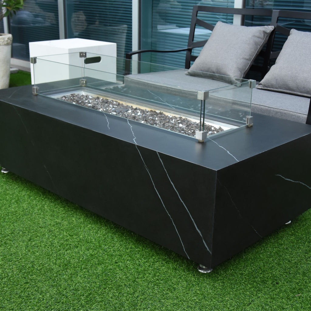 Elementi Plus Varna Fire Table - Modern Patio Lounge Setting with Glass Windscreen