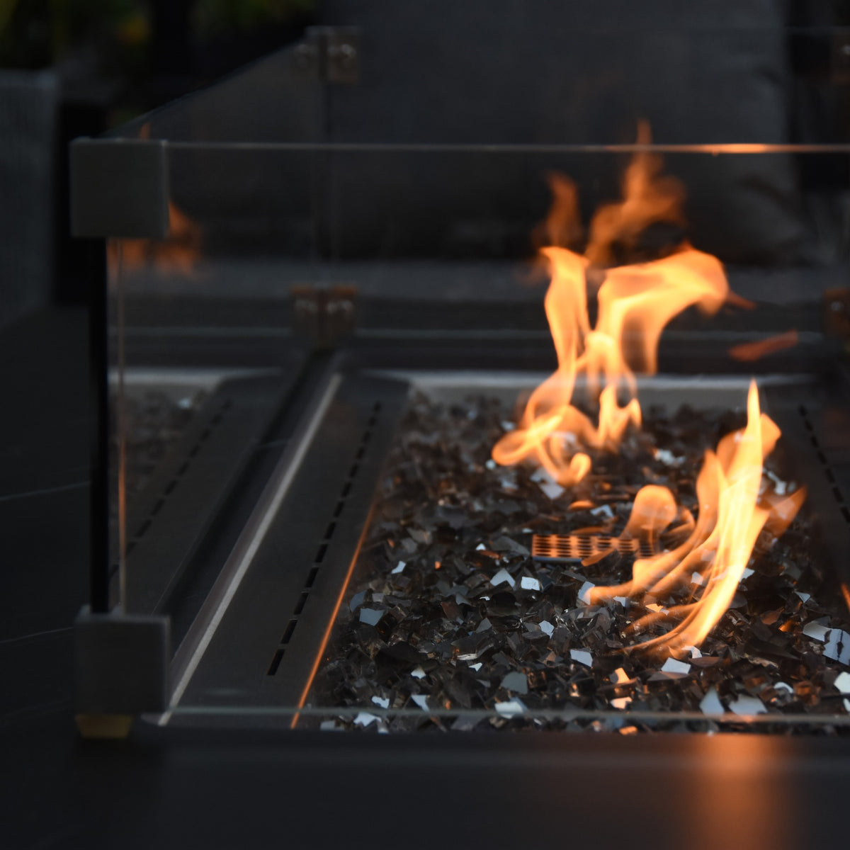 Elementi Plus Varna Fire Table - Tempered Glass Windscreen and Reflective Glass Flame Macro