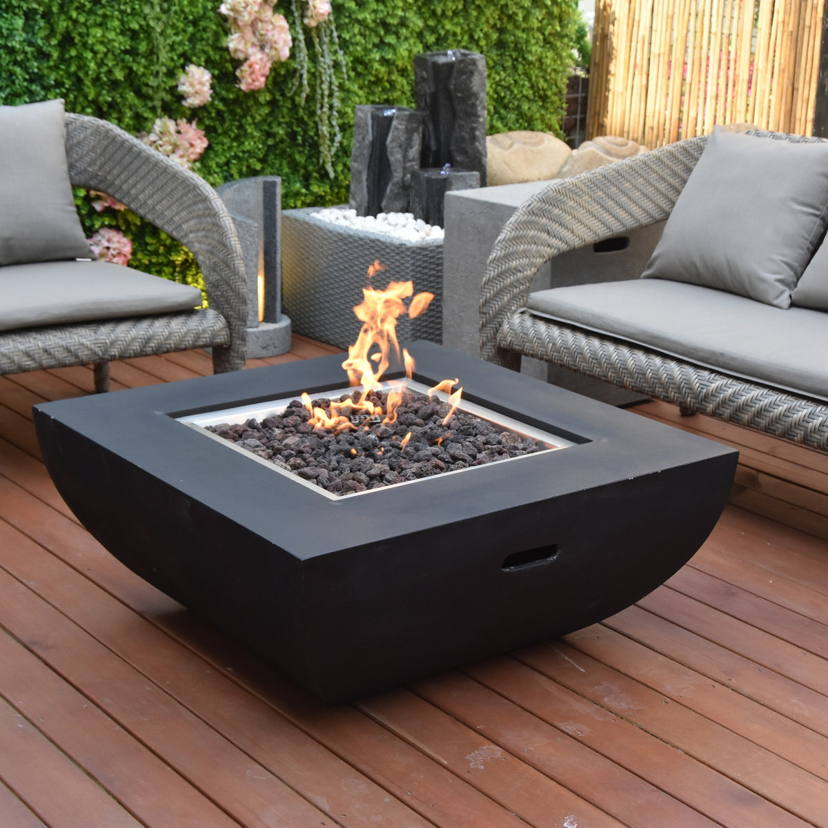 Modeno Aurora Fire Table - Garden Patio Wood Deck Setting with Contemporary Lounge Seating