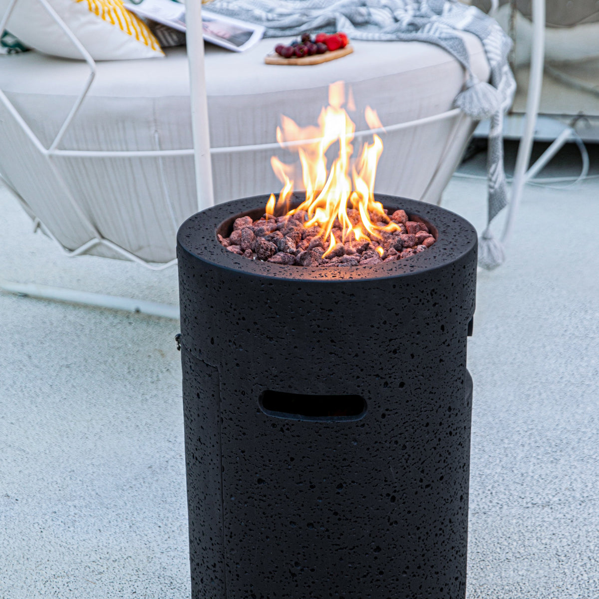 Modeno Lava Tube Propane Fire Pit - Luxury Terrace with Hanging Daybed - Elementi Fires