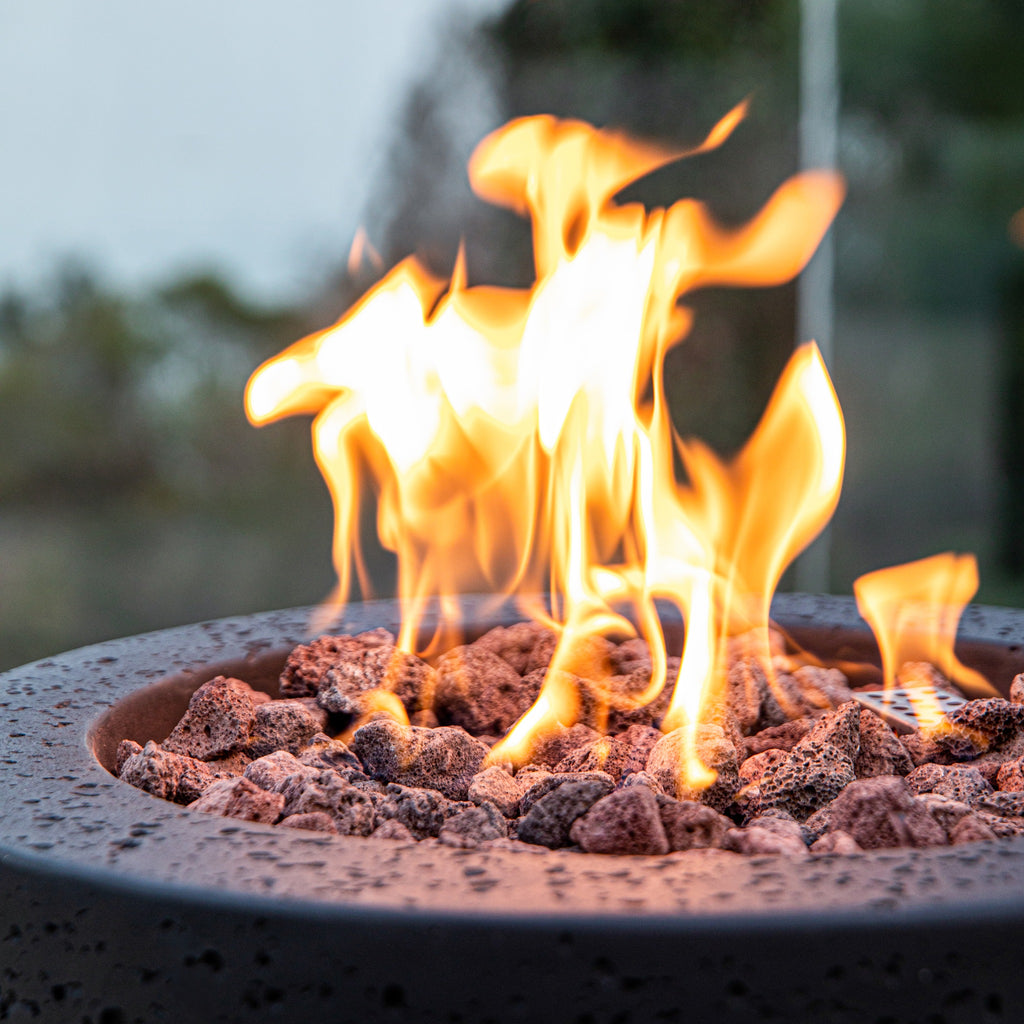 Modeno Lava Tube Propane Fire Pit - Close-Up of Roaring Flames on Lava Stones - Elementi Fires