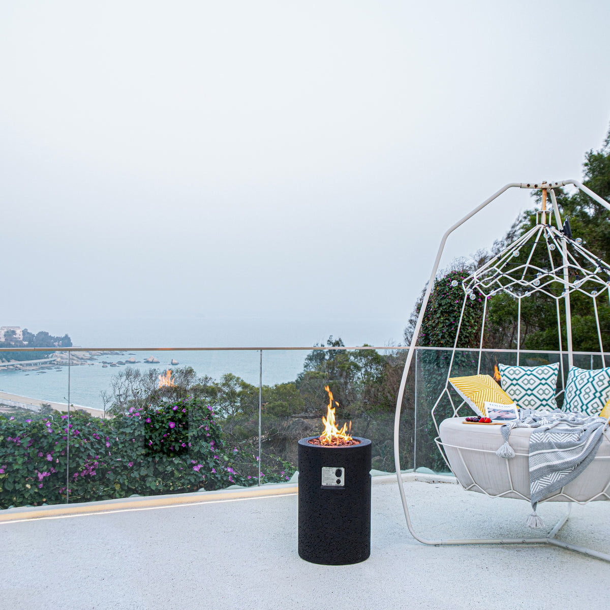 Modeno Lava Tube Propane Fire Pit - Coastal Terrace with Hanging Egg Chair - Elementi Fires
