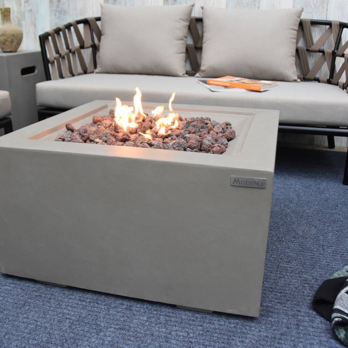 Modeno Ridgefield Fire Table - Outdoor Lounge Patio Setting with Active Flame - Elementi Fires