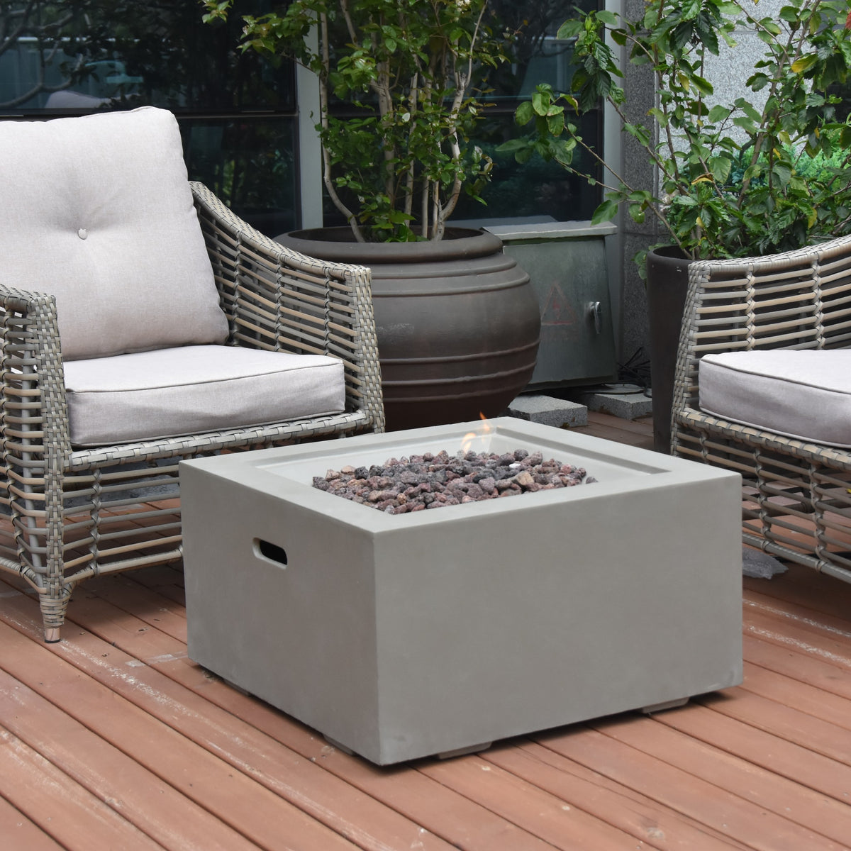 Modeno Ridgefield Fire Table - Cozy Wood Deck with Grey Wicker Armchairs - Elementi Fires