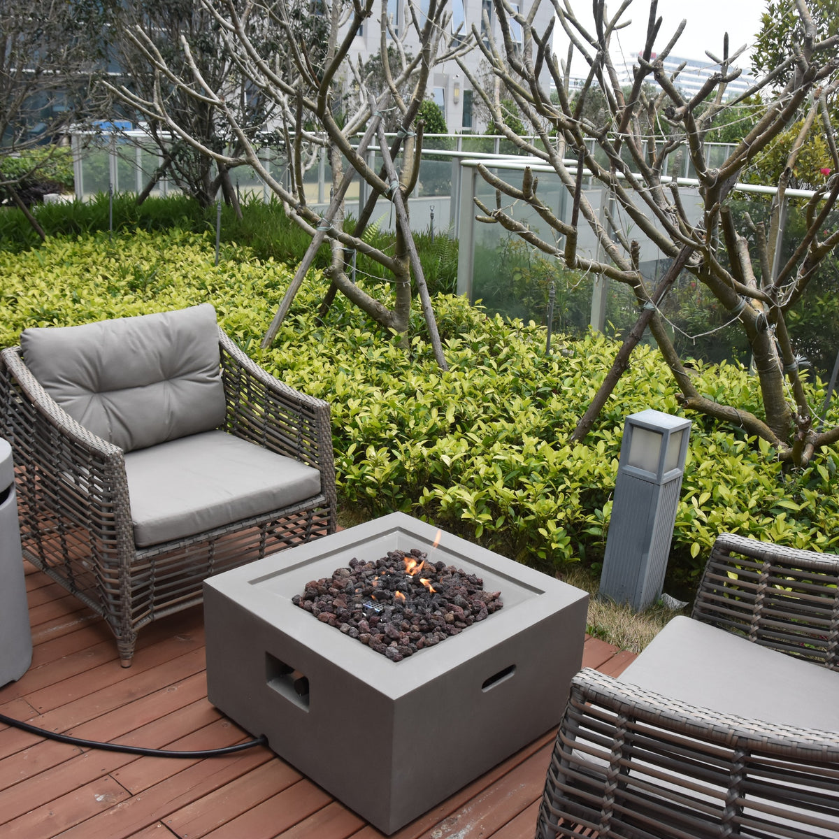 Modeno Ridgefield Fire Table - Rooftop Garden with Matching Round Tank Cover - Elementi Fires