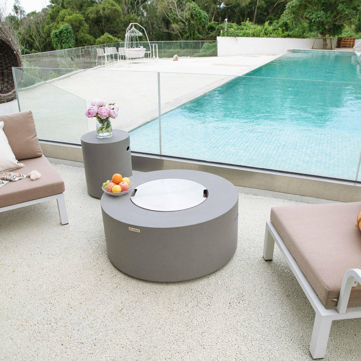 Modeno Tramore Fire Table - Poolside Terrace with Stainless Steel Lid Installed - Elementi Fires