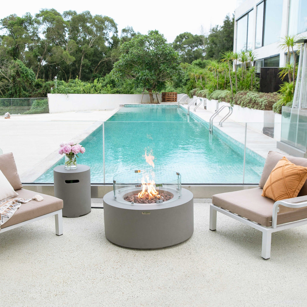 Modeno Tramore Fire Table - Poolside Terrace with Curved Glass Windscreen & Flame - Elementi Fires