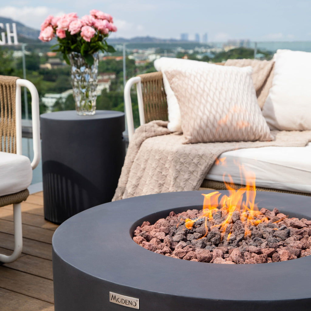 Modeno Venice Fire Table - Luxury Outdoor Living Room with Coastal Views and Roaring Fire Pit