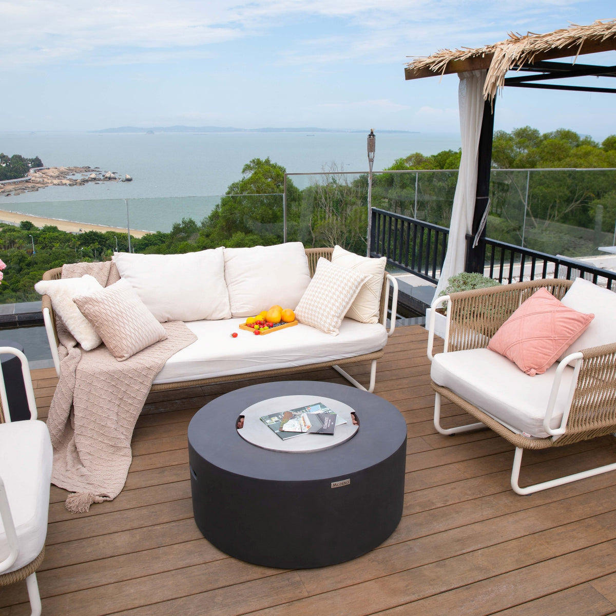 Modeno Venice Fire Table - Coastal Wood Deck with Stainless Steel Burner Lid Installed as Coffee Table