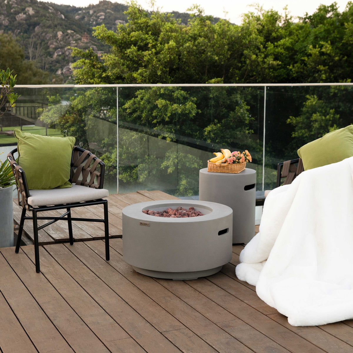 Modeno Waterford Fire Table - Daytime Coastal Deck with Glass Railing - Elementi Fires