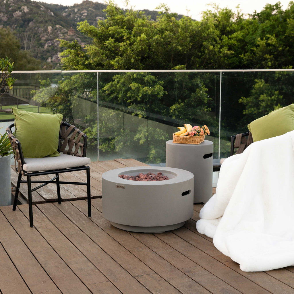 Modeno Waterford Fire Table - Daytime Coastal Deck with Glass Railing - Elementi Fires