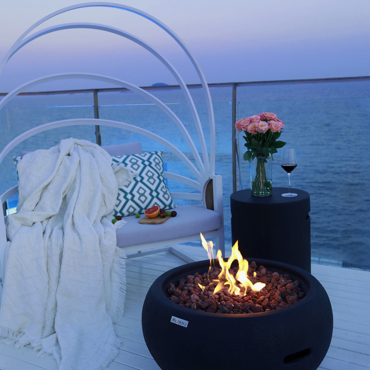 Modeno York Fire Bowl - Coastal Rooftop Deck Sunset Lounge Setting - Elementi Fires